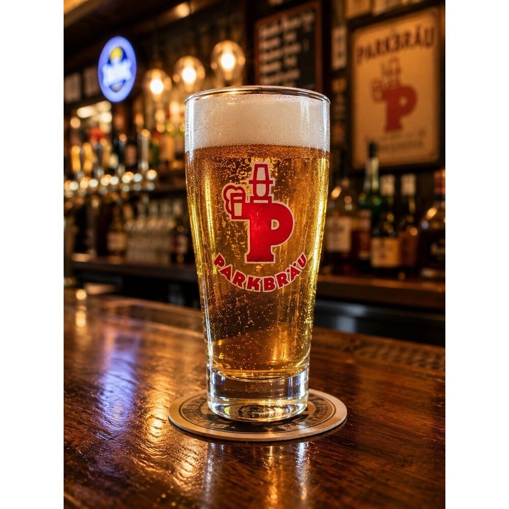 Vintage Parkbräu Pilsner Beer Glass Red Logo German Brewery Collectible Barware